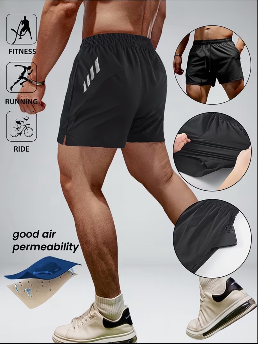 Men's Black Athletic Running Shorts with Breathable Liner